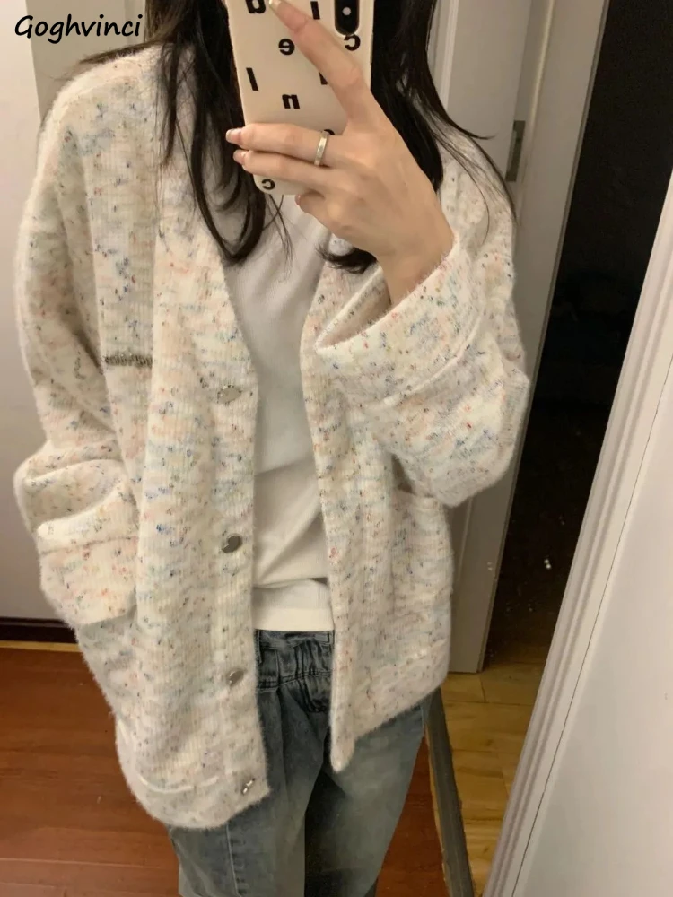 

V-neck Cardigan Women Ins Korean Fashion Autumn Winter Loose Fit Casual Colorful Dot Design All-match Daily Streetwear Coats