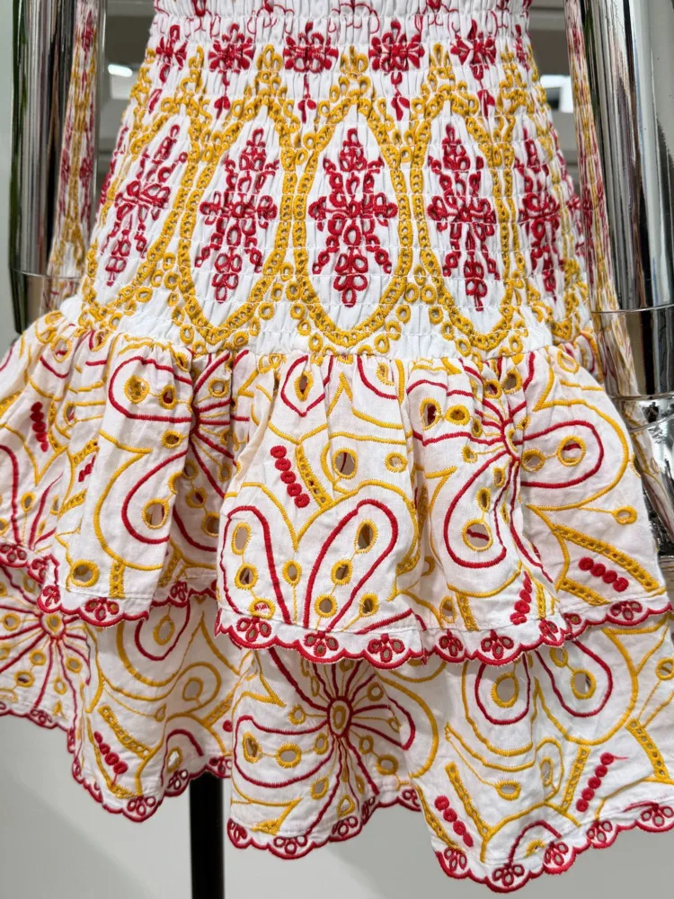 DFDG Abito da donna a strati con ricamo bohémien primavera estate 2025 con maniche svolazzanti, orlo con volant, vita elasticizzata, abito da vacanza