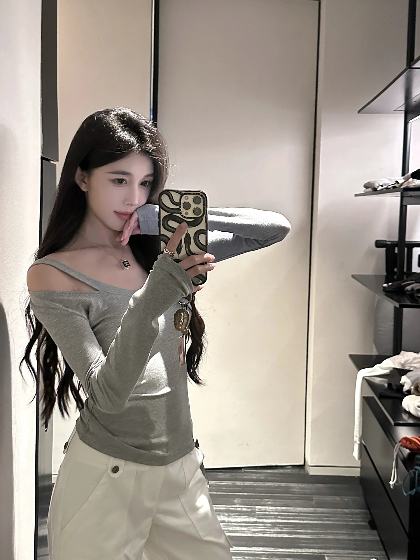 

Long Sleeve V Neck Slim Fit T Shirt Hollow out Shoulder Design Comfortable Stretchy Casual Top for Women by He Chenxi