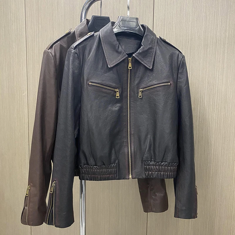 Causal Brown Real Leather Jacket Coats for Women Retro Distressed Zipper Elastic Waist Female A-level Sheepskin Short Jackets