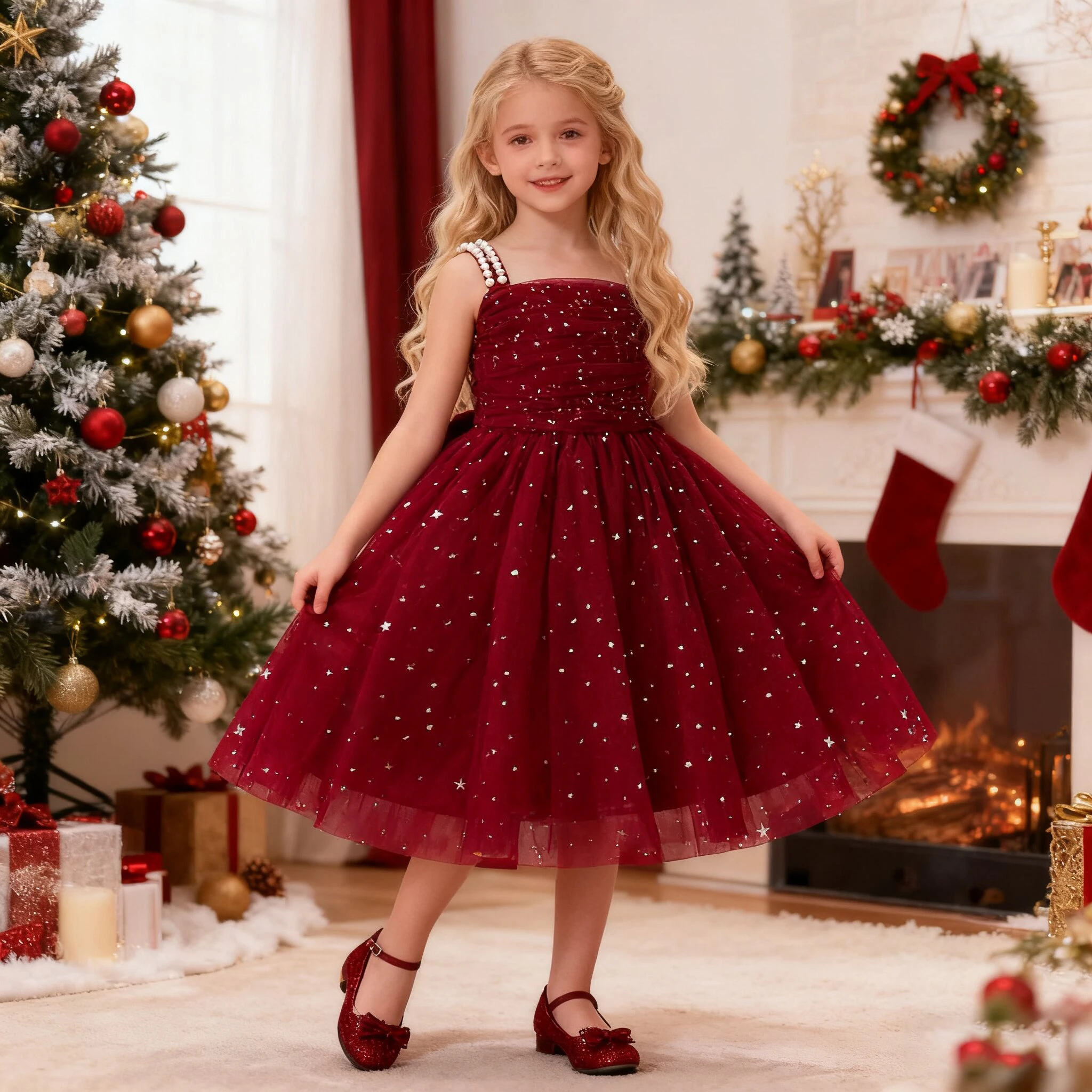 

Fashion Sequin Bridesmaids Party Girls Dress Elegant Tulle Princess Birthday Prom Dresses for Girl Gala Wedding New Year Costume