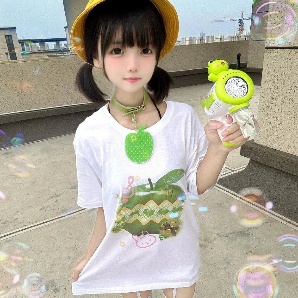 2026 New Loose Plus-size Cute Girls' Apple Print Pure Cotton Short-sleeve Kids'/adult Fashion Casual Loose and Soft T-shirt Top