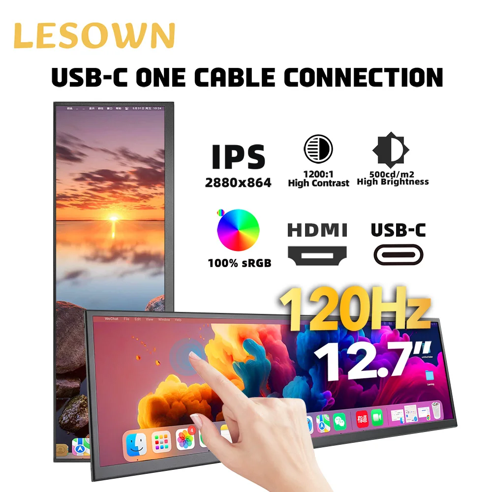 LESOWN 12.3 14.5 Inch Portable Monitor Ultra Wide Stretched Touch Screen Type-C HDTV Second Display for Laptop PC VESA Stand