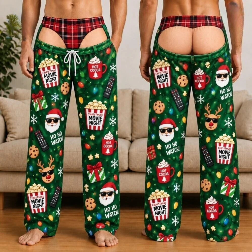 Funny Christmas Movie Night Fake Underwear Pants, Santa Hot Cocoa Xmas PJs, Drop Pants Illusion Holiday Lounge Pants, Gag Gift
