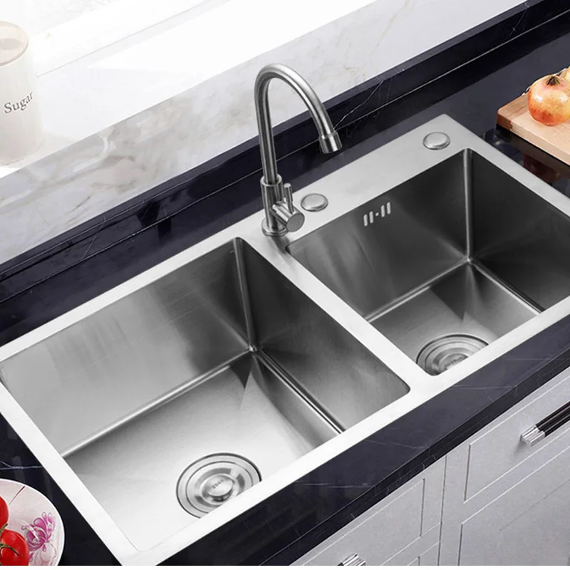 Fregadero doble de acero inoxidable con escurridor, fregadero oculto profundo, accesorios de cocina y baño, artículos para el hogar