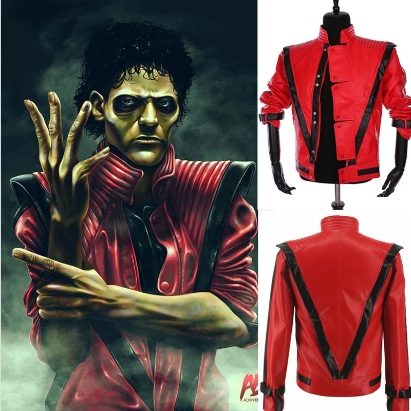 

MJ Thriller, куртка на 40-летие, винтажное красное кожаное пальто, костюм Майкла для концерта, топы, комплект аксессуаров для косплея для танцев зомби