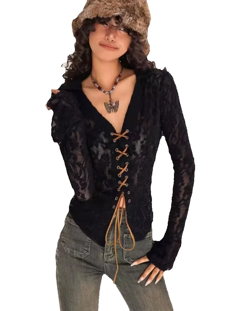 Tops elegantes de manga acampanada de Francia para mujer, camisa básica lisa con cuello de pico Y2k a la moda, Top Sexy con cordones de una sola pieza, nuevo