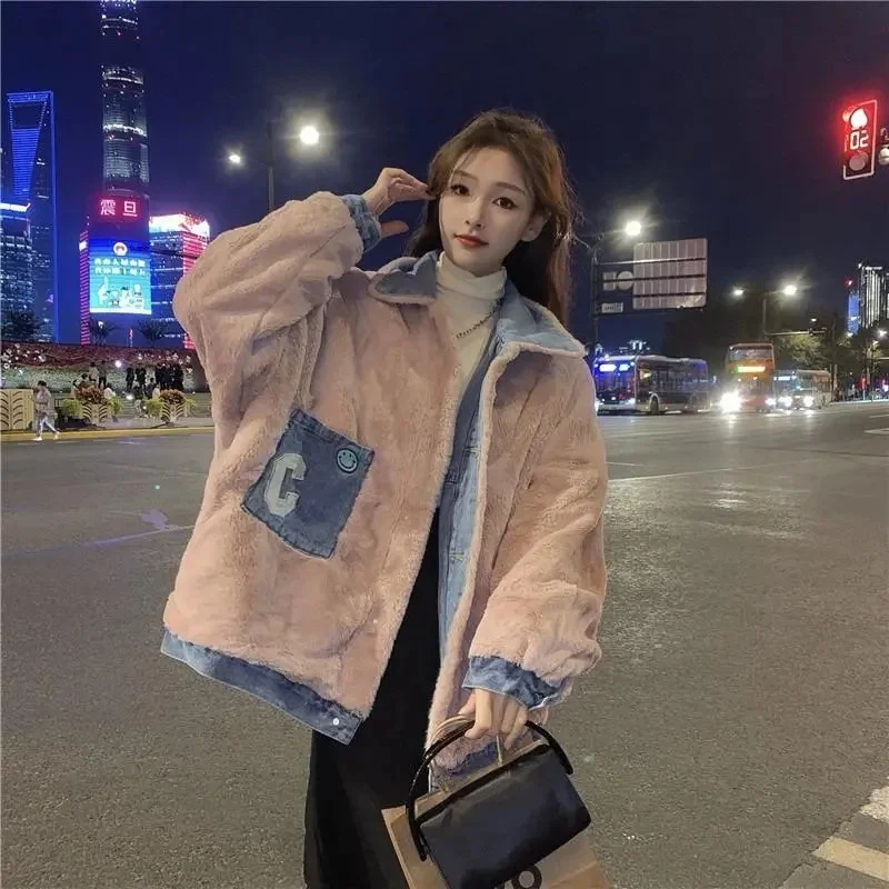 2023 New AutumnWinter Double Wear Rabbit Fur Plush Denim Cotton Coat Women's Thickened Warm Mid length Cotton Coat Cotton Coat