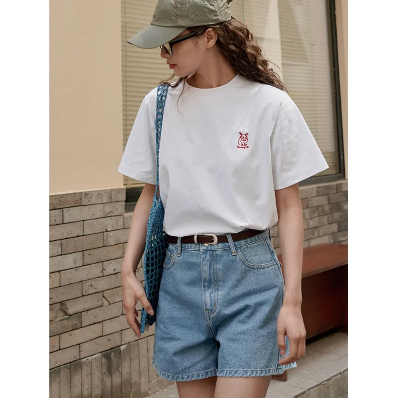 

T-shirts Cotton Summer Women Tops Round Neck Embroidered Short-sleeved Fashion Clothes Rabbit Loose Slim Casual Letter T Shirt