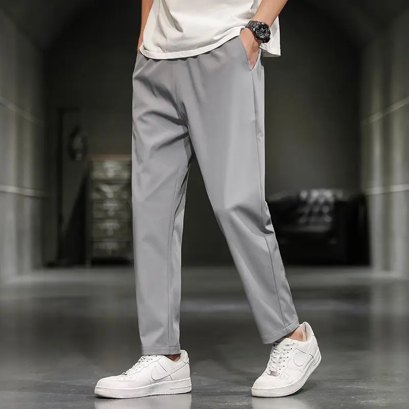 2025 Summer Men Casual Pants Straight Elastic Waist Jogger Korean Classic Black Outdoor Brand Trousers Ice Silk Sweatpants Grey