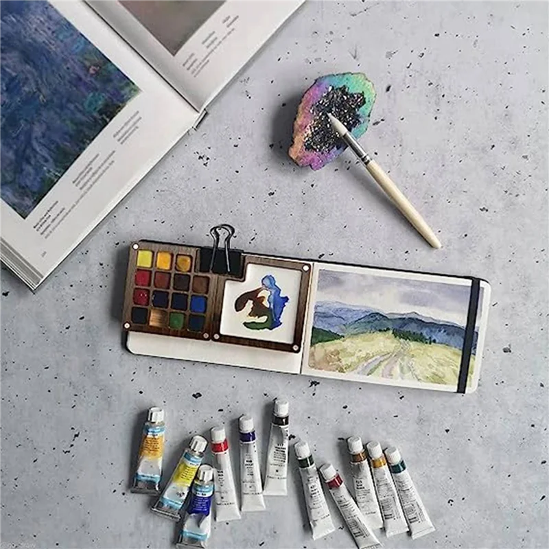 WORTHOWN-5X Tragbare Aquarellpalette, 15-farbige Skizzenbuchpalette, Palettenschachtel aus Holz, Reise-Farbpalette (ohne Farben)