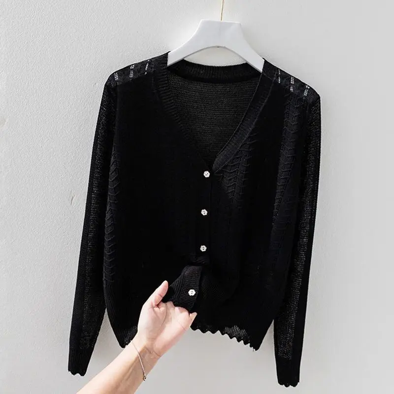 2024 Spring/Summer Ice Silk Cardigan Women's Loose and Versatile Kam Shoulder Hollow Sun proof Knitted Top