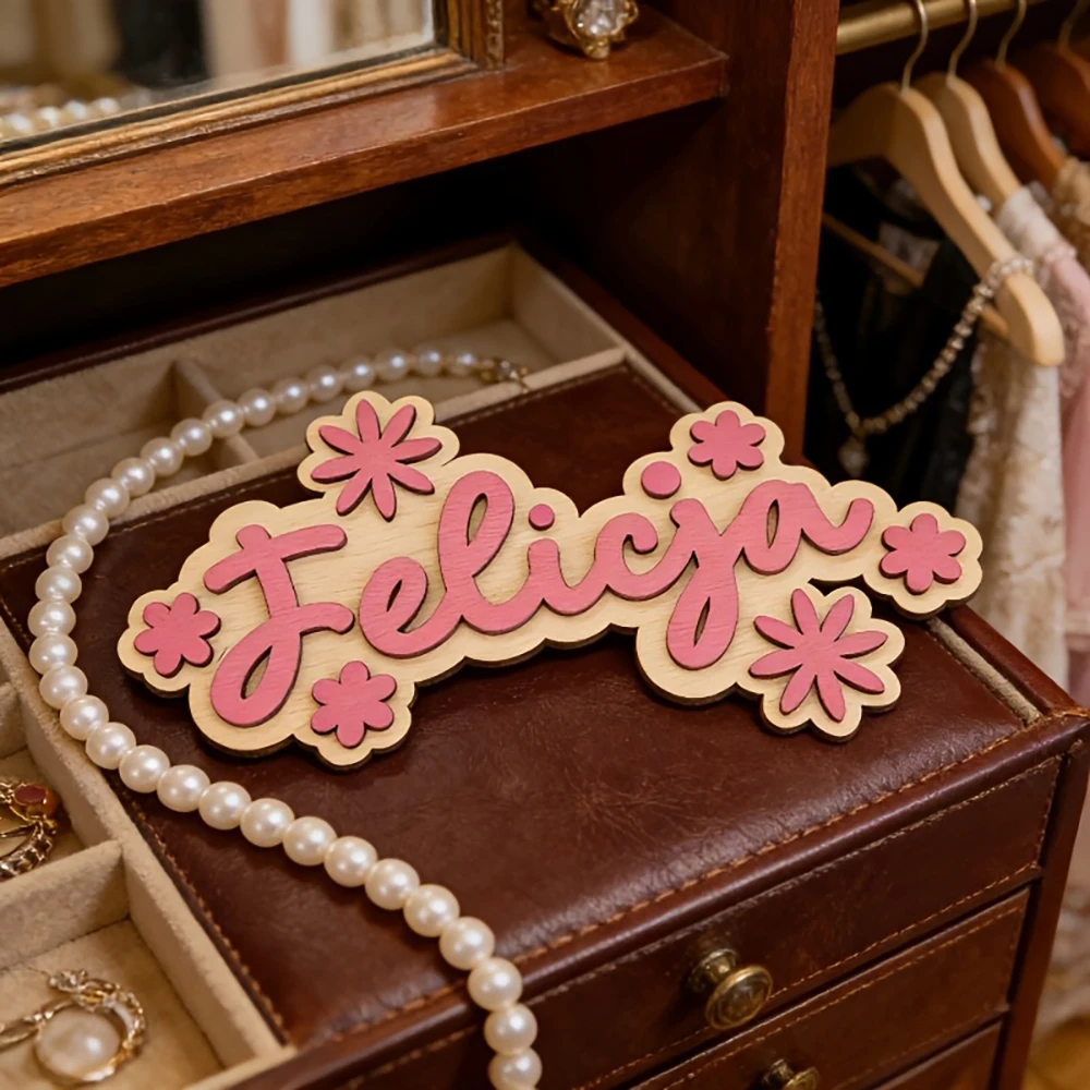 Personalized Custom 2D Flat Wooden Sign with Cursive Name/Initial Pink & Blue Flowers Wall Decor