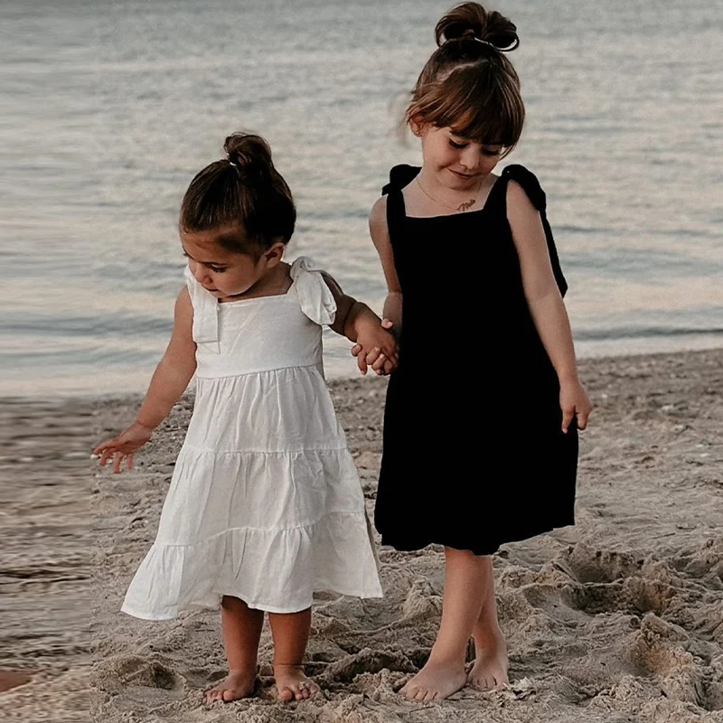 

Girls Linen Tie Bow Shoulders Tiered Dress Retro Summer New Casual Loose Ruffled Vacation Style Baby Girl Beach Dresses