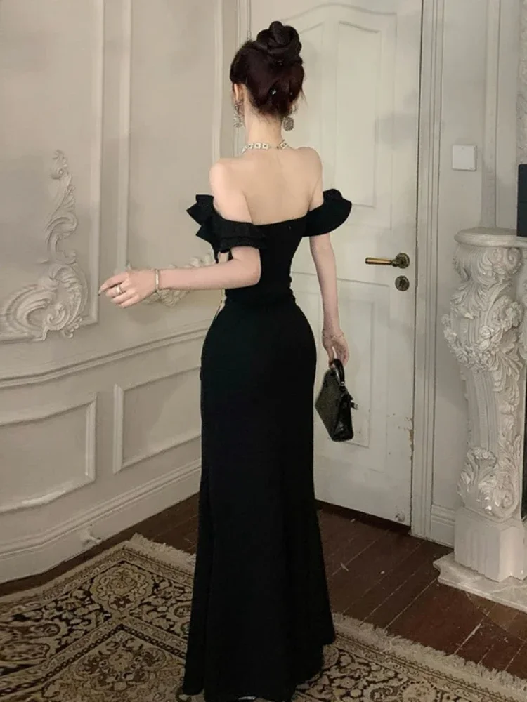 France Vintage Elegant Evening Party Dress Women Y2k Ruffled One Shoulder Strapless Midi Dress Famale Solid Korean Chic Clothes