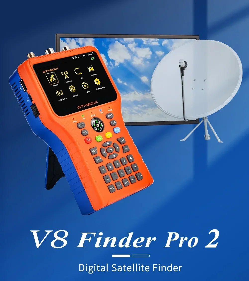 

V8 Finder Pro2 4,3-дюймовый ЖК-приемник спутникового телевидения DVB-S2X/S/T2/T/C Цифровой спутниковый искатель H.265 Ручной приборный кластер