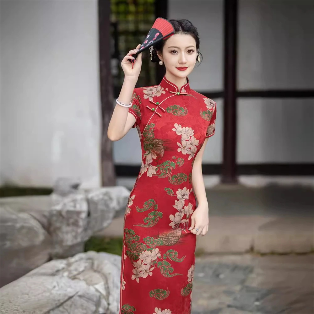 

Red Printed Cheongsam Summer New Young Style Girl Mid-length Slim Green Qipao Chinoise Daily Evening Banquet Gown Vintage Dress