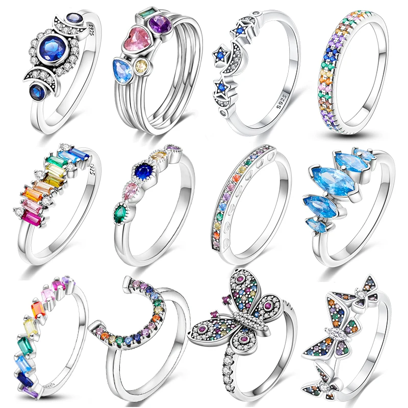 2023 Real 925 Silver Plate Colorful Dragonfly Butterfly Cubic Zircon Rings For Women Wedding Engagement Birthday Jewelry Gift