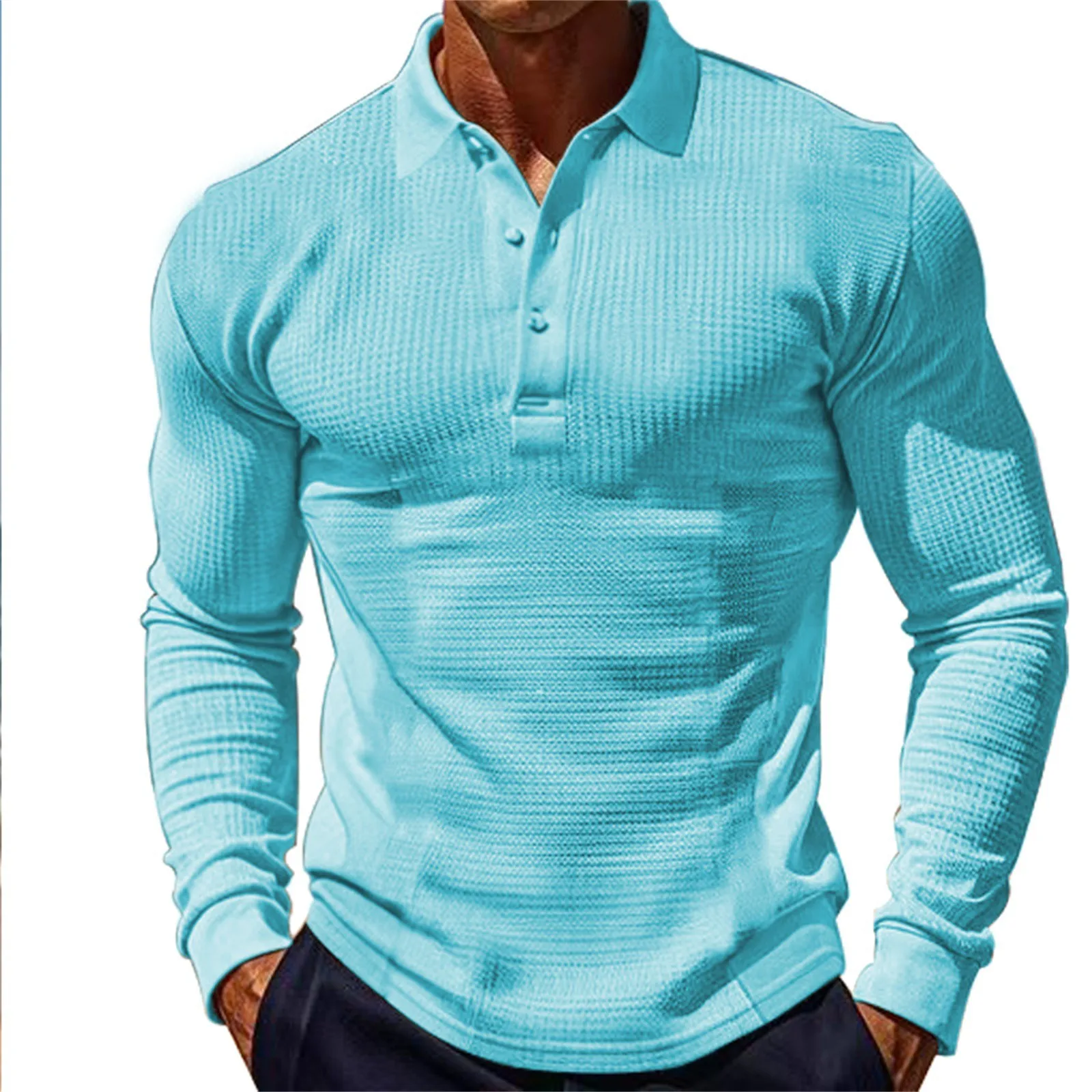 Men's T-shirt Waffle fabric Moisture wicking breathable sports top Sports Casual Lapel Button Slim Long Sleeve PoLo Shirts