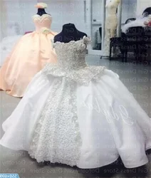 White Luxury Princess Ball Dress Flower Girl Dresses Pearls Lace Up Child Birthday Party Beauty Pageant First Communion