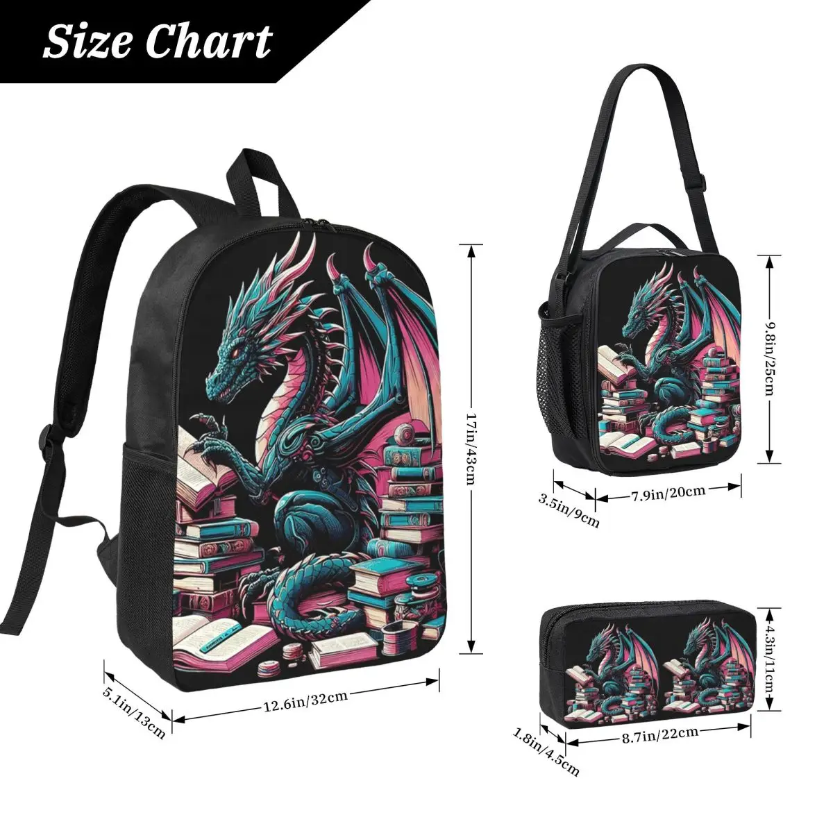 Dragon Read A Book Reader Bookworm Dragon Backpack BookBag School Bag Computer Shoulder Bags 3ps Insulated Lunch Bag Pencil Case