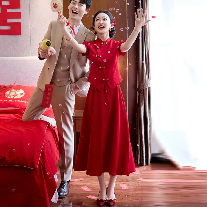 

Qipao Toast Dress Brides 2025 New Chinese style Engagement Dress Women's Red Wedding Casual Dress Summer Female Qipao Dress