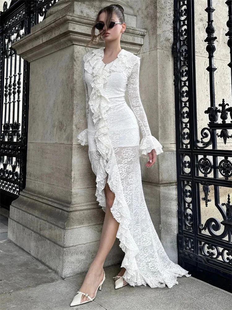 

Tossy Lace Sexy Ruffled Long Dress Female Printed High Split Hollow Out Patchwork Party Dress Gown Evening Women's Summer Dress