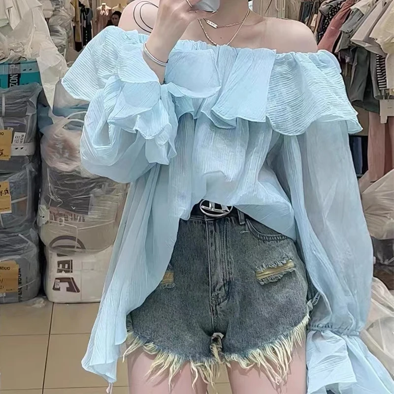 Sweet Off Shoulder Slash Neck Hollow Shirt Korean Style Loose White Blouse Casual Flared Long Sleeve Sunscreen Tops Blusas 27874