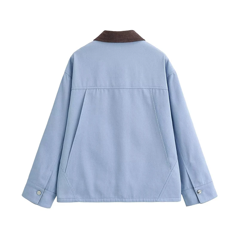 YENKYE Women Light Blue Contrast Collar Utility Jacket Button Down Multi Pocket Workwear Outerwear
