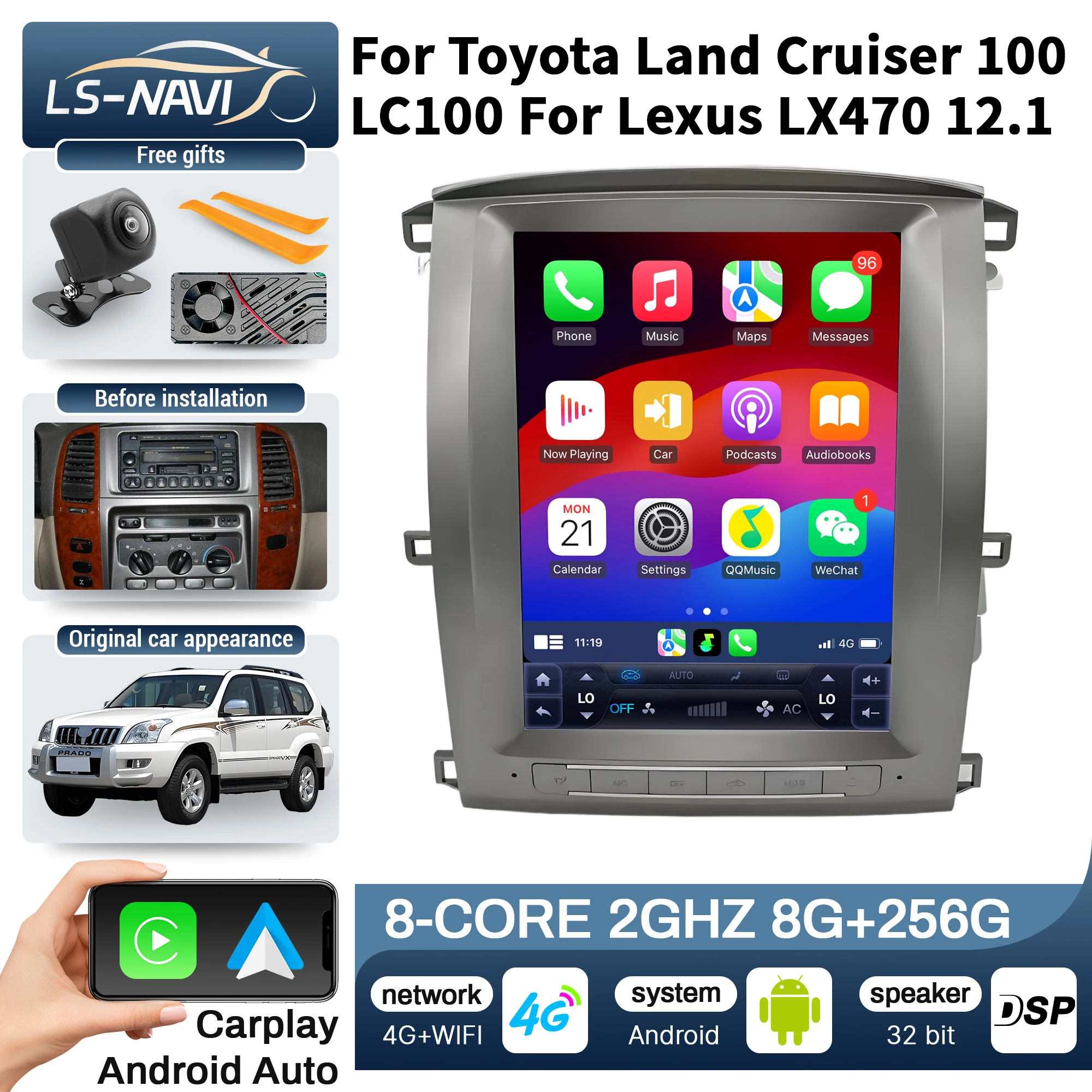 

12,1-дюймовый автомобильный радиоприемник с сенсорным экраном для Toyota Land Cruiser 100 LC100 Lexus LX470 4G, беспроводной Bluetooth, стерео CarPlay