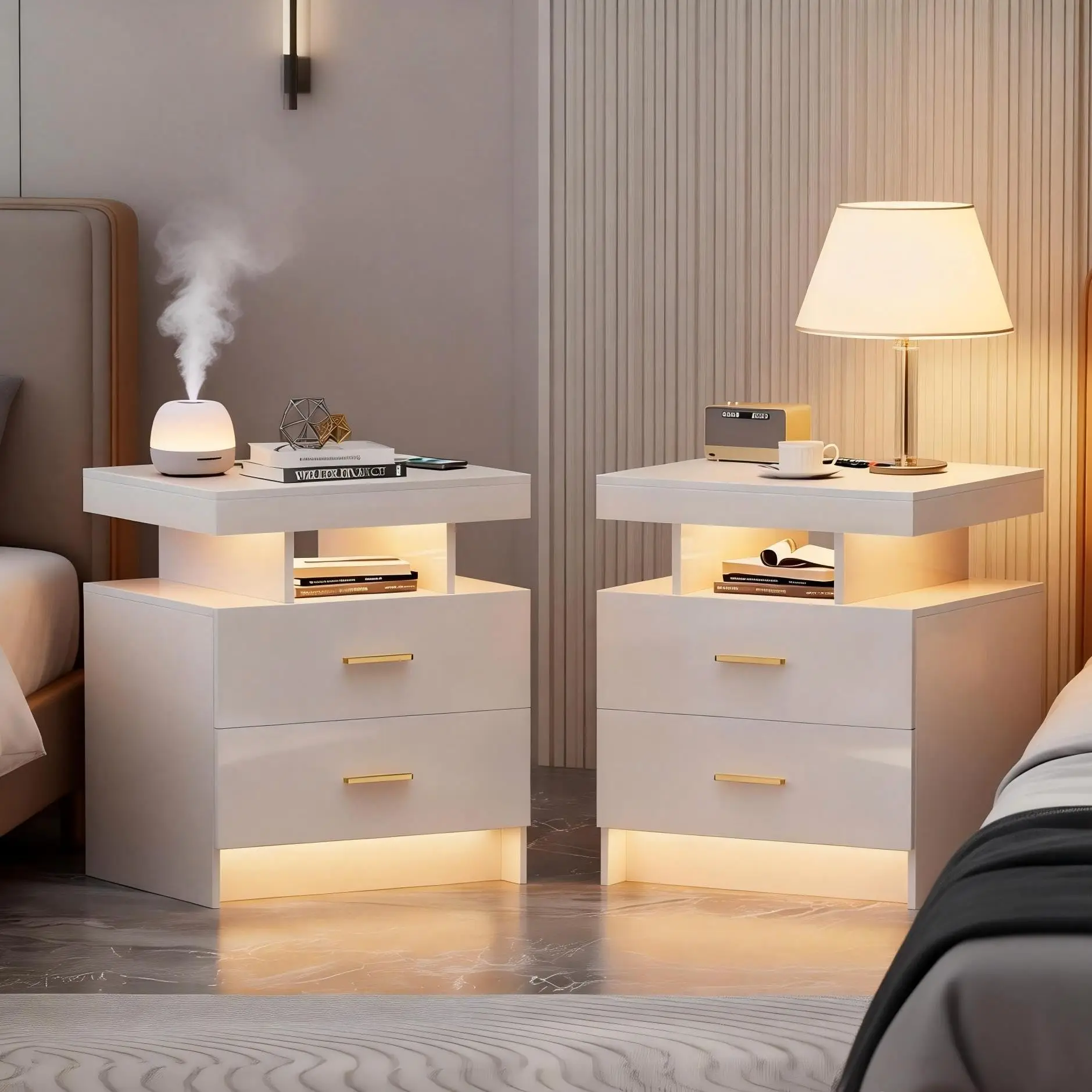 2 Set Smart Nightstands with RGB Lights and Human Body Induction (White)