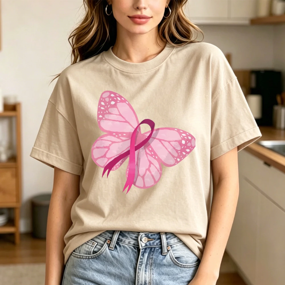 Minimal Pink Butterfly Pink Ribbon Art Graphic Women Summer Cotton T Shirt Breast Cancer Awareness Gentle Daily Short Sleeve