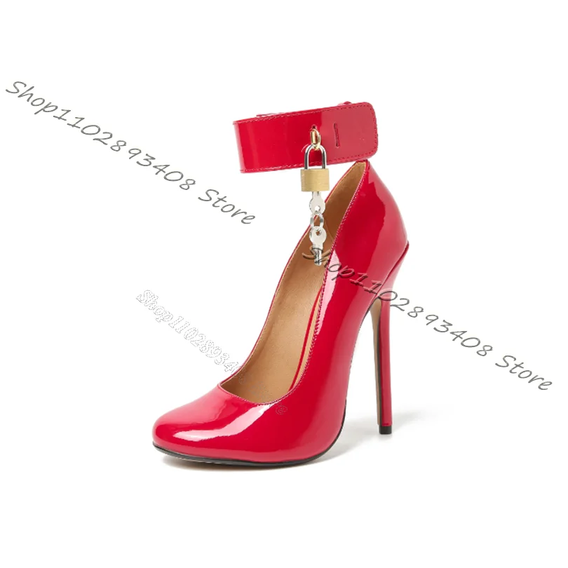 

Red Lock Decor Patent Leather Pumps Stiletto High Heels Party Women Shoes Round Toe Solid Sexy Autumn Pumps Zapatos Para Mujere