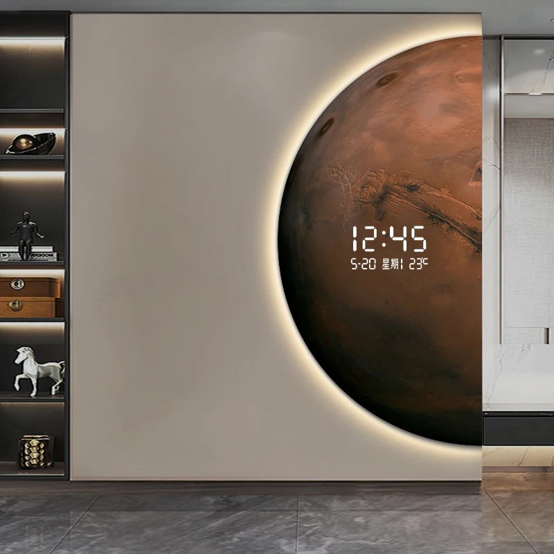 لوحة تزيين مدخل الكوكب الحديثة، ساعة رقمية إلكترونية للكون الخيال العلمي، لوحة إضاءة دافئة بجانب السرير #2