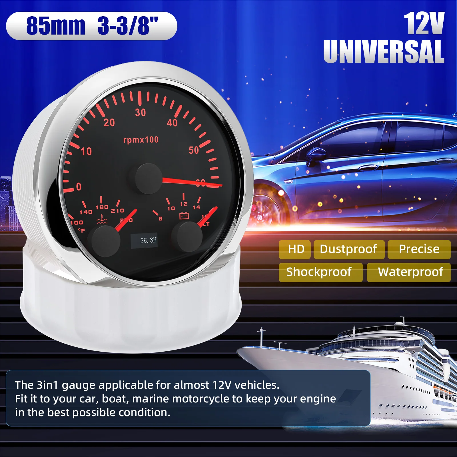 3-in-1 digital pointer Car instrument Panel 0-6000rpm tachometer 100-250 ℉ water temperature 8-16V voltmeter