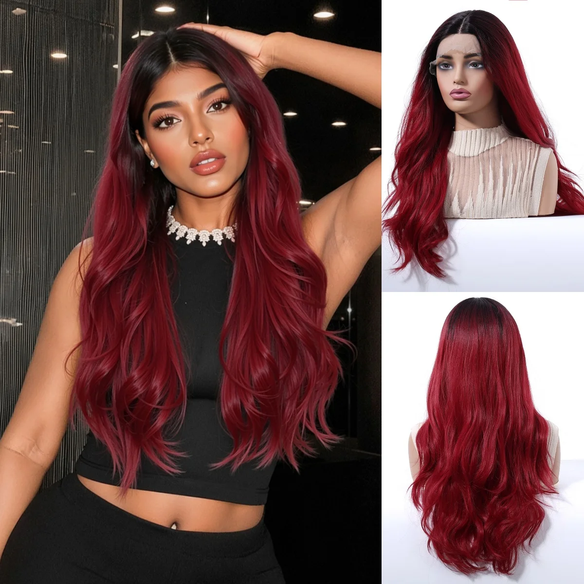 

Brown to Red Ombre Middle Part Natural T-Part Lace Front Synthetic Long Curly Wig with Heat Resistant Fibers Daily Party Use