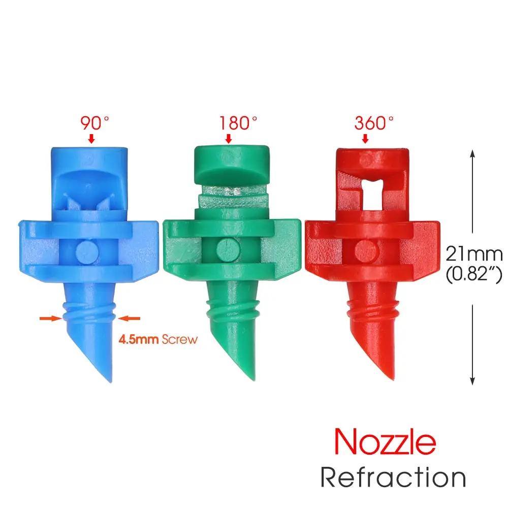 100 szt. Dysz refrakcyjnych 90/180/360 stopni zraszacz ogrodowy do nawadnianie rolnicze łba sprej z rozpylaczem śruby 4.5mm