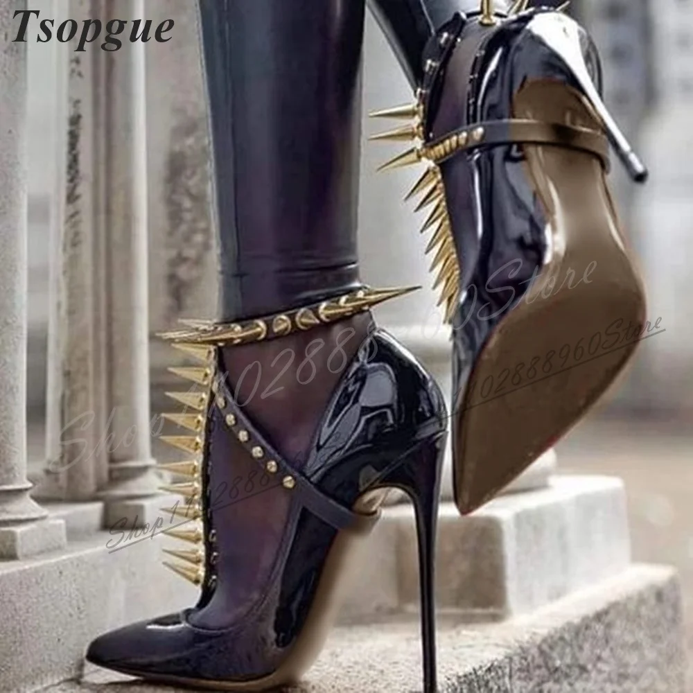 

Black Patent Leather Rivet Decoration Pumps Thin High Heel Women Shoes Buckle Strap Pointed Toe 2024 Sexy Zapatos Para Mujere