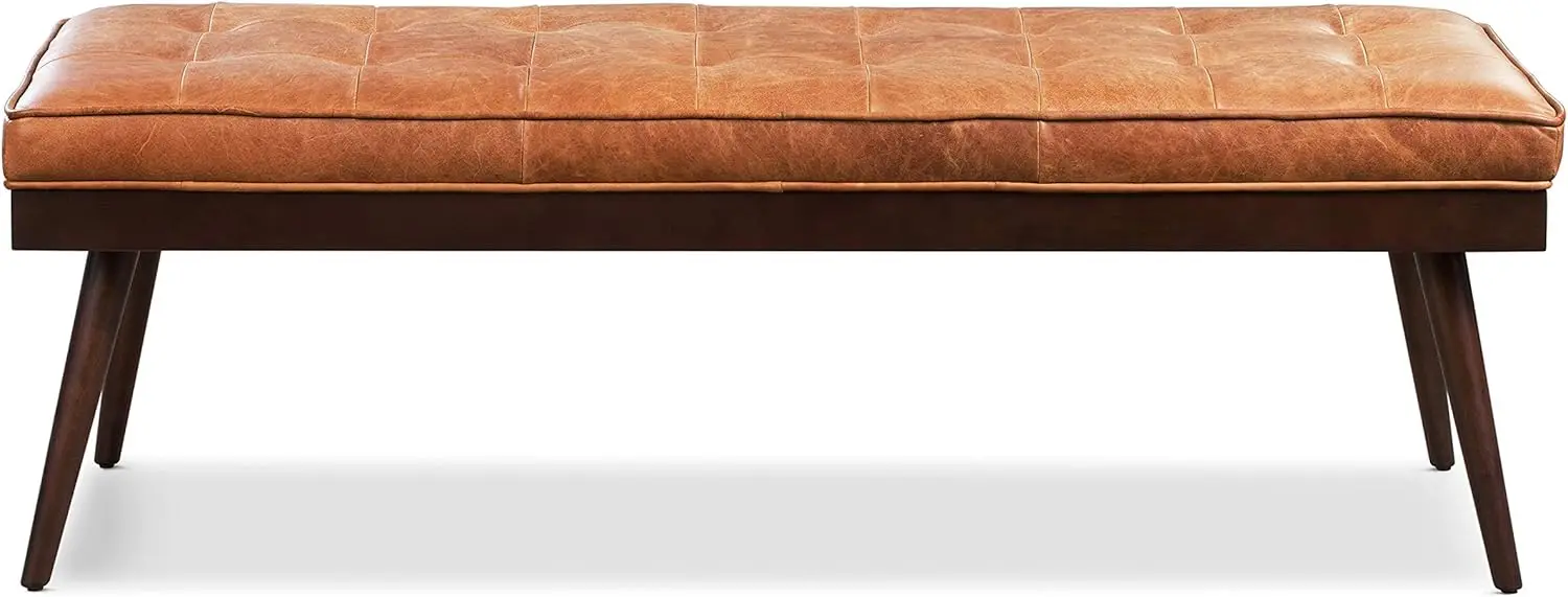 55" Tufted Leather Bed Bench for Bedroom End of Bed - Living Room Entry Way Bench - Pure Italian Leather Upholstery