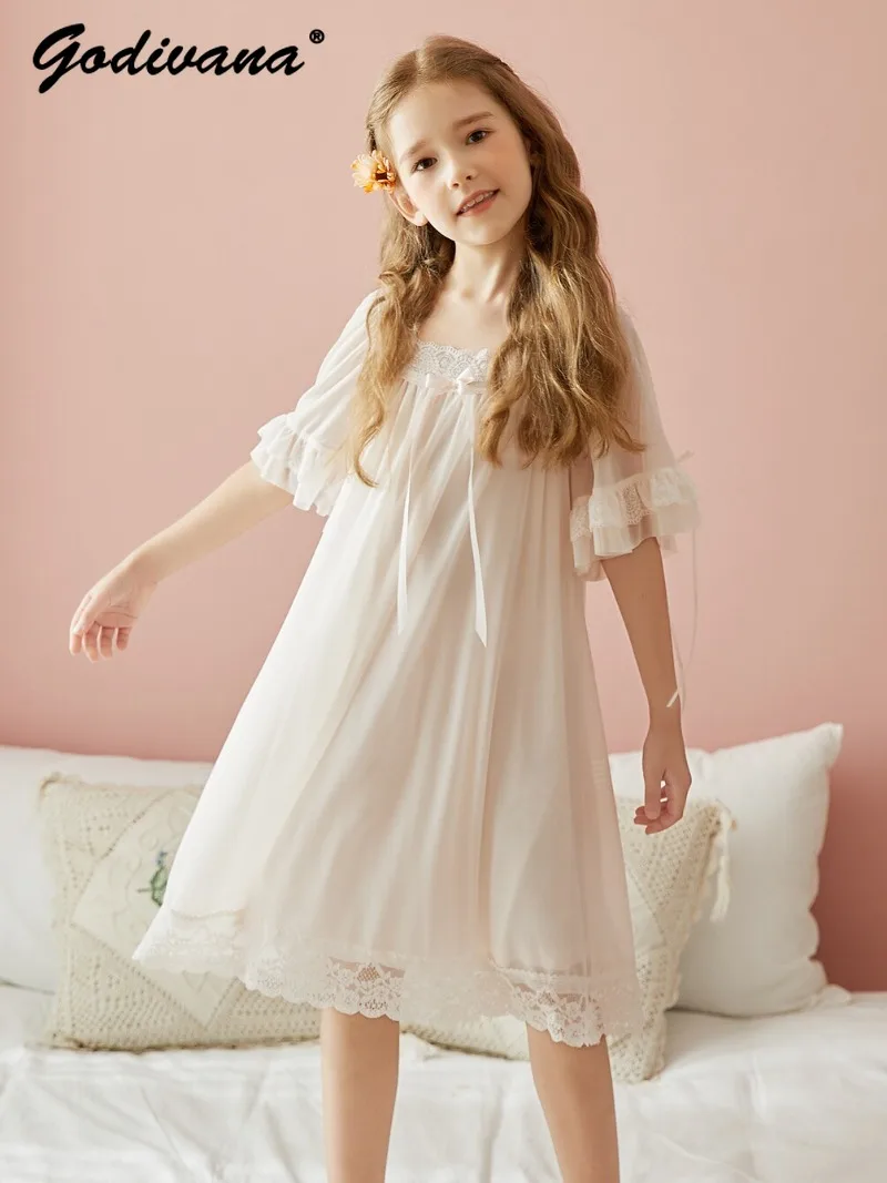 Girls Princess Court Style Nightgown Spring Summer Short Sleeve Long Homewear Girls Lace Mesh Modal Family Matching Sleepwear