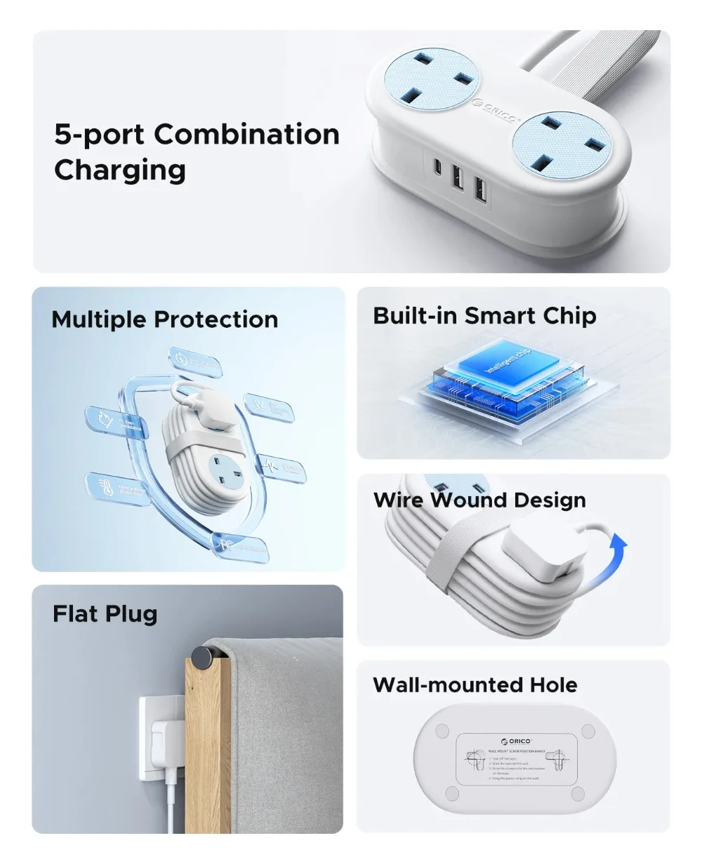 ORICO Plug Power Strip with USB Charging Ports Type C Fast Charging for UK Plug for Travel USB Charging Dock Usb Hub Smart Plug