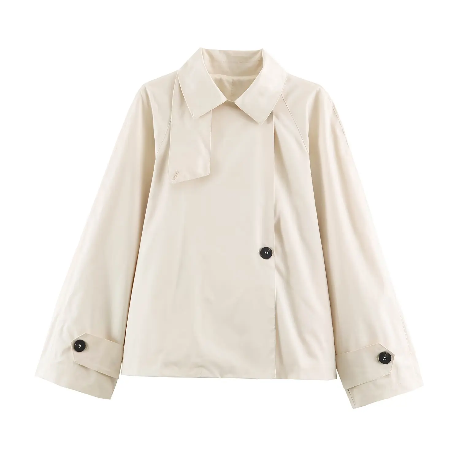BSAY Eleganter Damen-Kurzmantel mit Reverskragen, Asymmetrischem Verschluss, Knopfverzierung an den Manschetten, Einfarbig, für Herbst, Büro und Pendler. – Detail 2