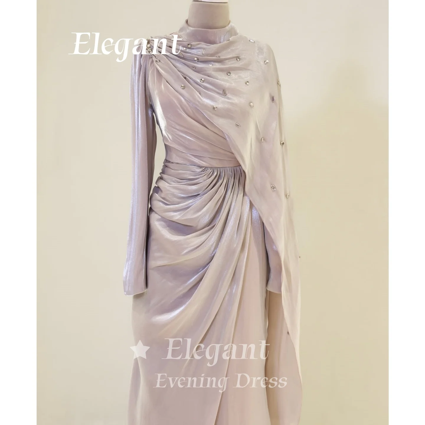 Metallic Shimmer Crinkle Chiffon Modest Evening Dress High Neck Prom Dress Draped Cape Ruched Waist Wedding Dresses Customized