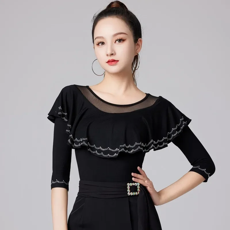 customized latin dance top women's modern dance practice clothes ruffled edge dancer dress mid sleeved ballroom dance costume