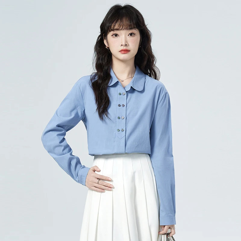 

Ladies Simple Blue Chiffon Shirts 2025 New Long Sleeve Duoble-Breasted Women Blouse Tops Fashion Women Shirt Clothing