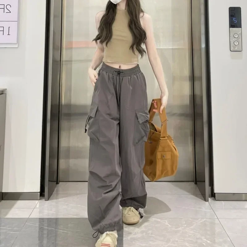 American Style Cargo Pants Women Fashion Spring Vintage Jogger Casual Minimalist Harajuku Pocket Design High Street Baggy Couple