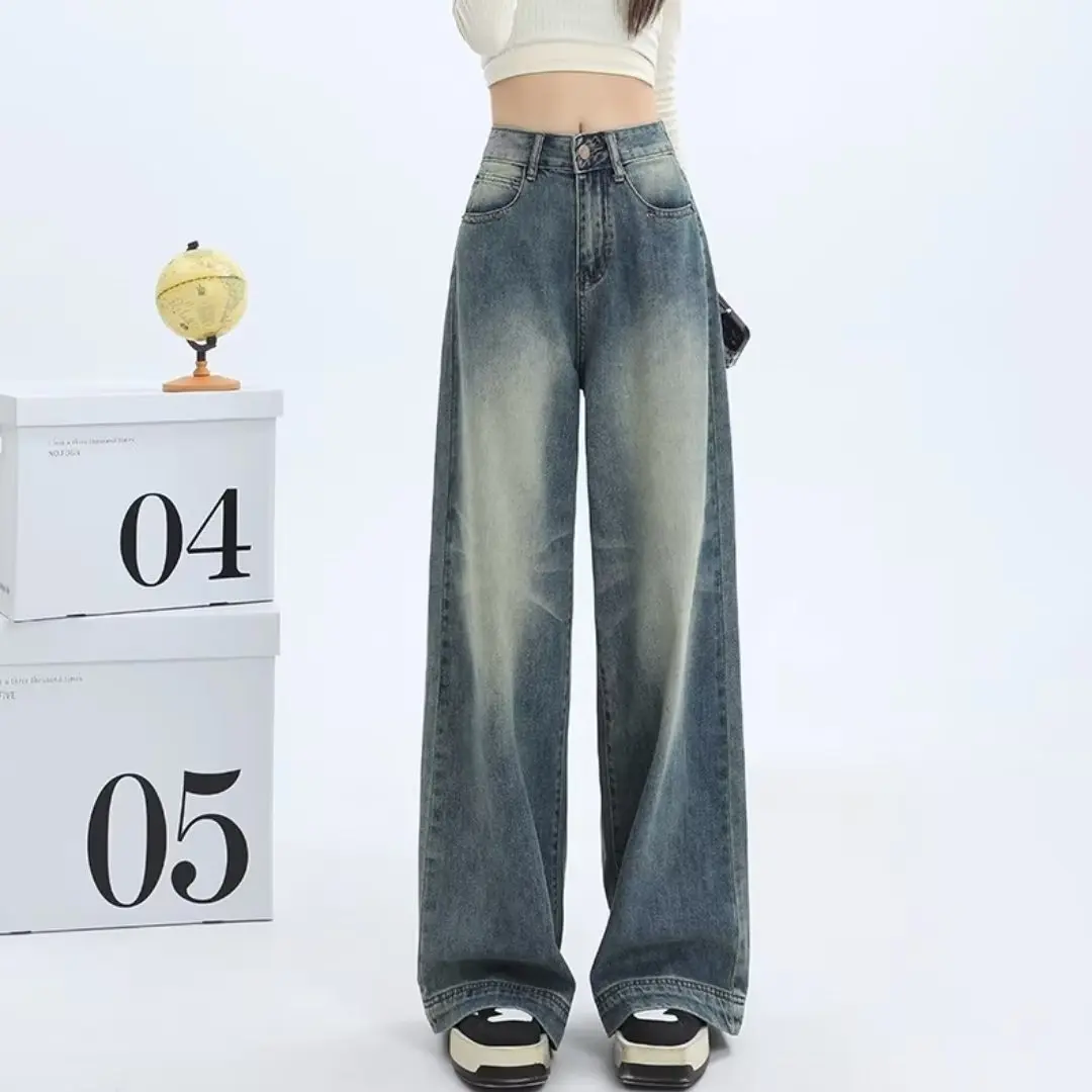 

2024 Autumn Women Jeans Retro Chic Jeans Loose Wide Leg Denim Trousers Female Leg Floor Dragging Pants Street Fashion Retro Casu