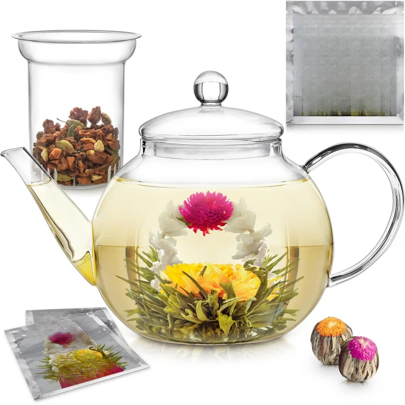 

Microwave Safe Glass Teapot with Removable Loose Tea Glass Infuser – Includes 2 Blooming Teas – 2-in-1 Tea Kettle and Tea Maker