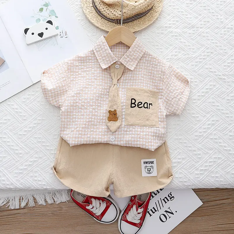 Summer Casual Baby Boy Toddler Causal ClothesPlaid Shirt Tops Pants 2Pcs/Set With Tie Cotton Kids Outfits Clothing Suit