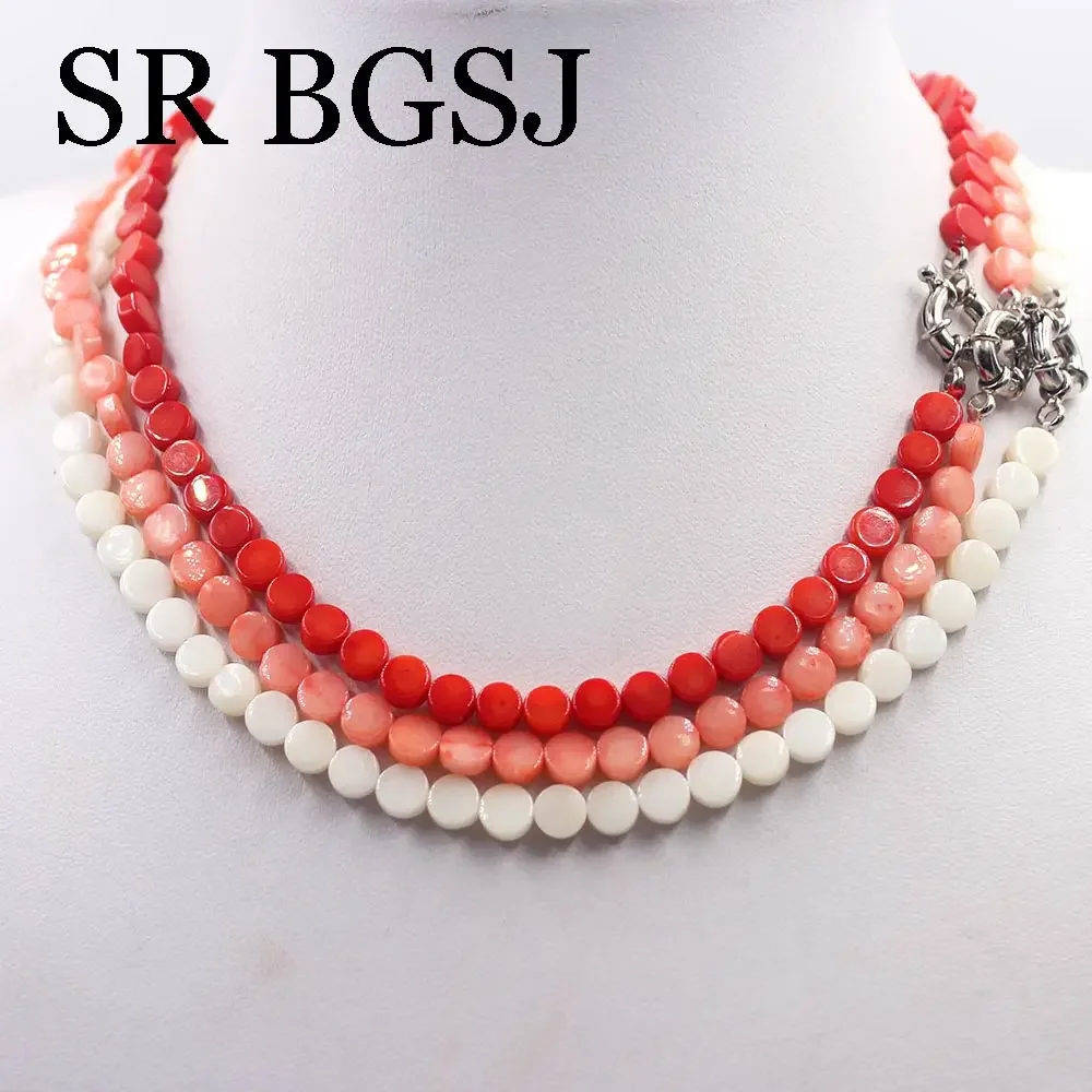 6mm White Red Pink Coin Shape Sea Bamboo Natural  Coral Beads Jewelry Chocker Necklace Strand 17.5\